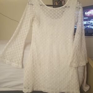 Elegant White Sequins  Laced Mini Dress Flared Sleeves
